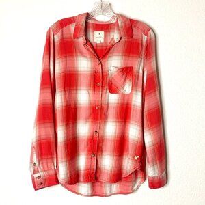 American Eagle Vintage Boyfriend Orange Plaid Button Up Long Sleeve Shirt Size M